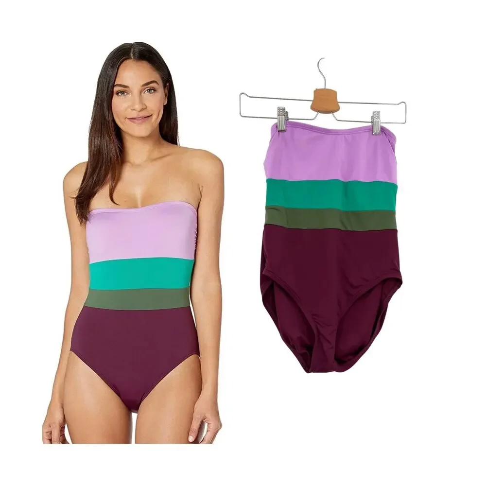 Kate Spade Raisin Colorblock Bandeau One Piece Swimsuit Purple Green Small